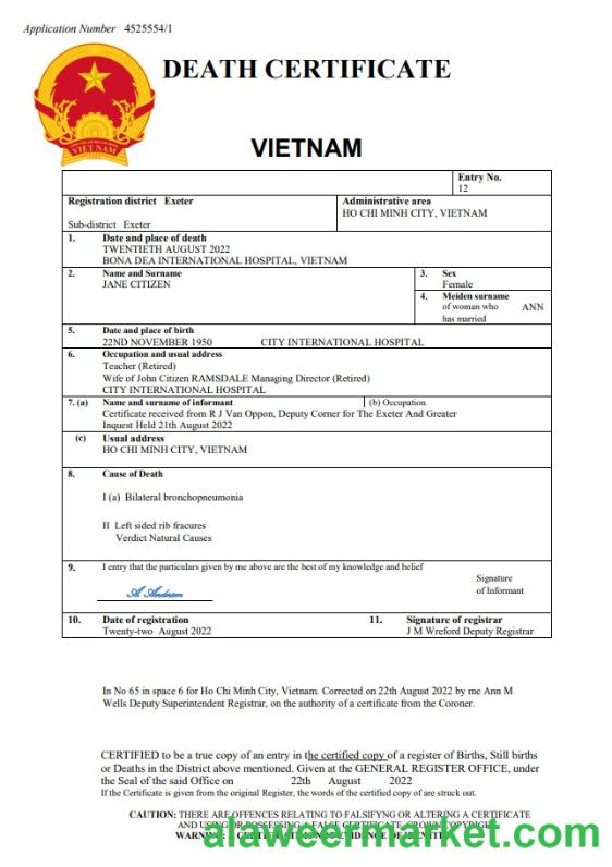 Vietnam vital record death certificate Word and PDF template